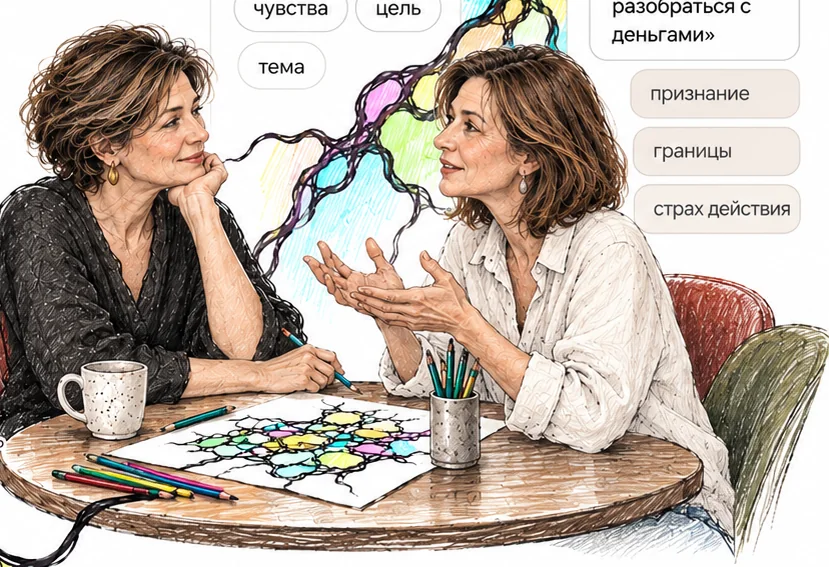 Две женщины за столом с рисунком НейроГрафики. Слева — «Я рисую для себя»: контекст, чувства, цель, тема. Справа — «Передо мной клиент»: тема «хочу разобраться с деньгами», за которой стоят признание, границы, страх действия